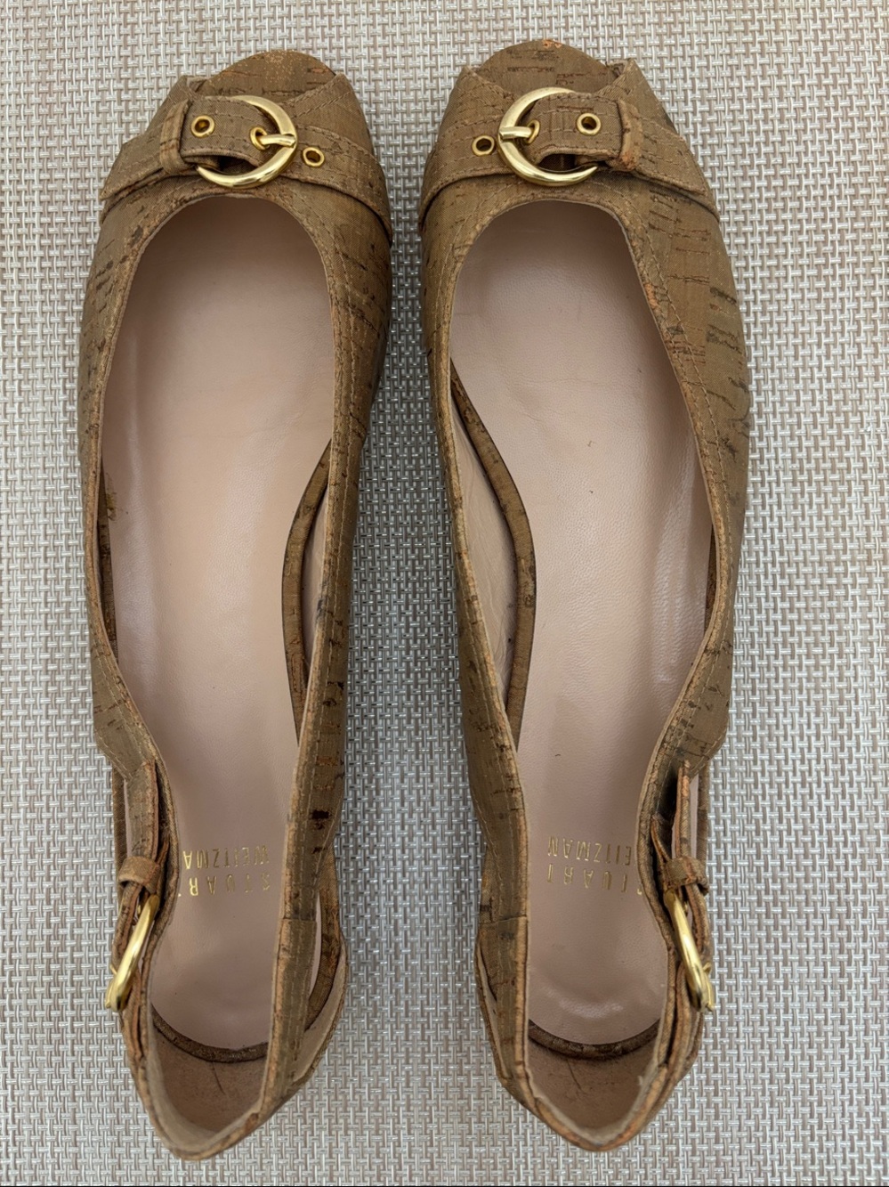 Stuart Weitzman Tan Brown Slingback Ballet Flats with Gold Buckle
